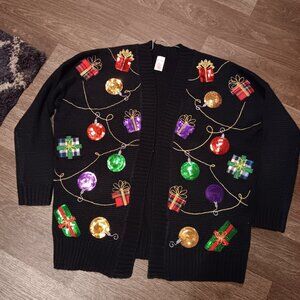 Holiday Time Women’s Black Christmas Cardigan Knit Sweater SMALL Ornaments